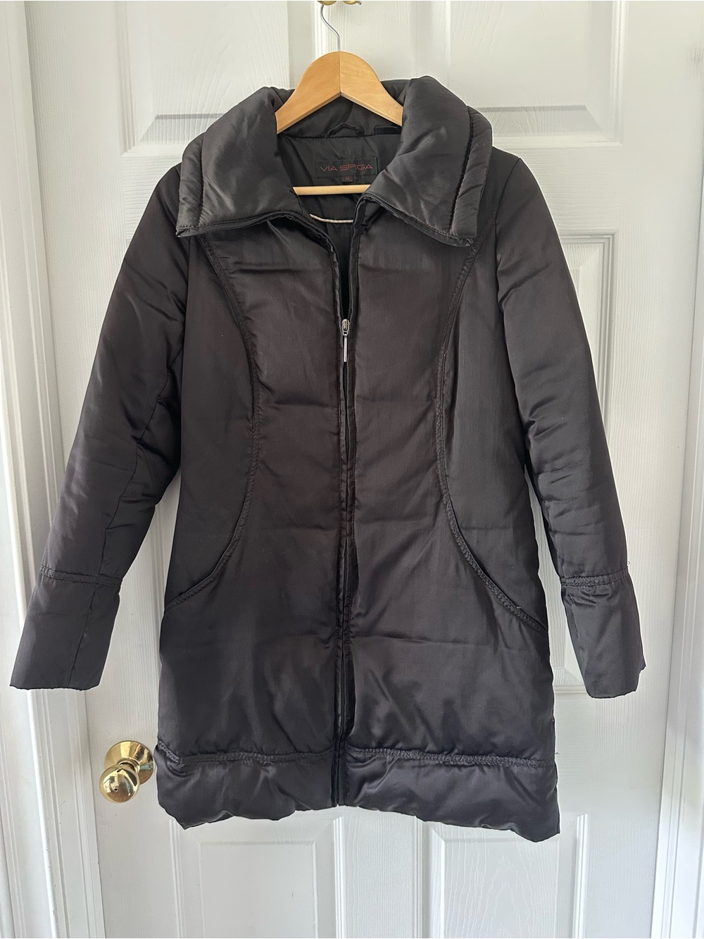 Via Spiga Black Down Puffer Coat XS Long Winter Jacket 70% Down Filled